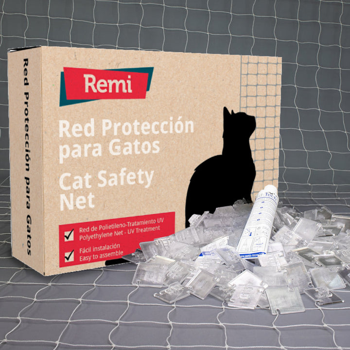 Remi - Red de Protección para Gatos Blanca con Fijaciones y Silicona para Balcones