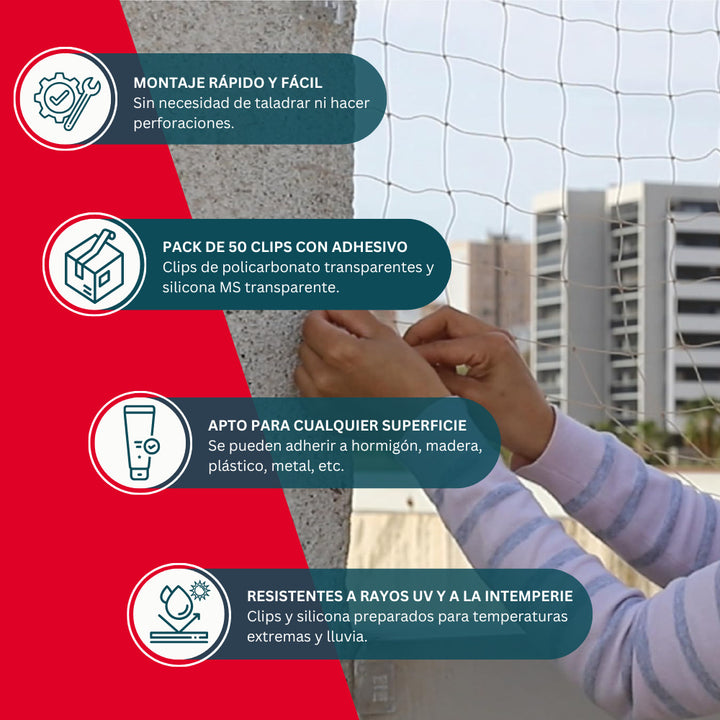 Remi - Red de Protección anti Aves Piedra con Fijaciones y Silicona para Balcones