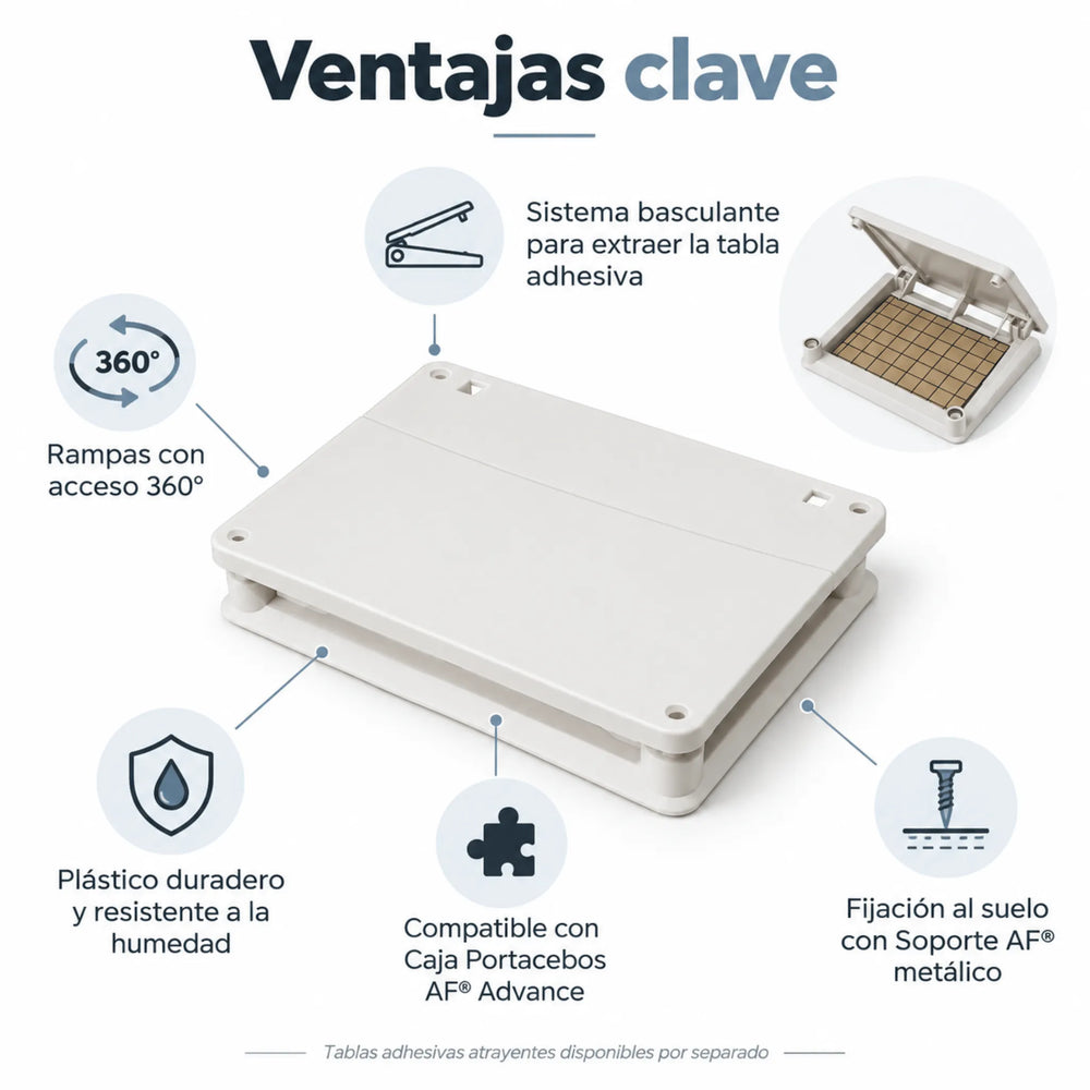Trampa AF® Insectos para cucarachas e insectos rastreros, con acceso de 360°, tabla adhesiva extraíble y diseño resistente a la humedad. Ideal para el monitoreo de plagas, compatible con Caja Portacebos AF® Advance.