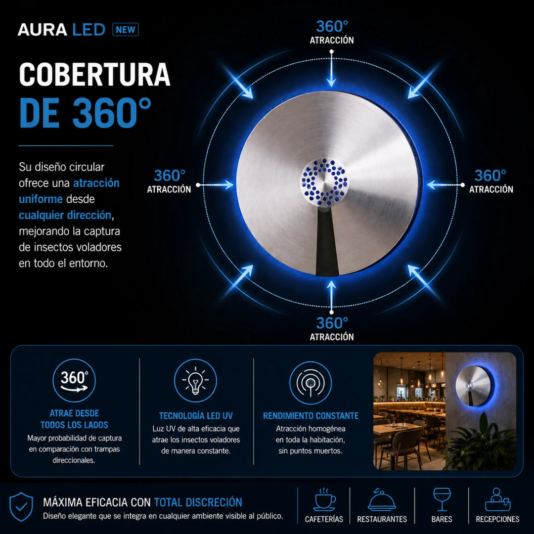 Aura LED Capturador Profesional para Moscas e Insectos Voladores Cobertura 60 m²