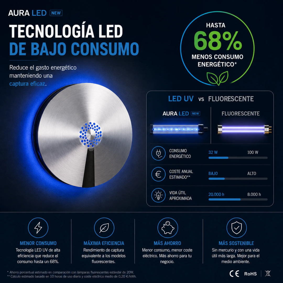 Aura LED Capturador Profesional para Moscas e Insectos Voladores Cobertura 60 m²
