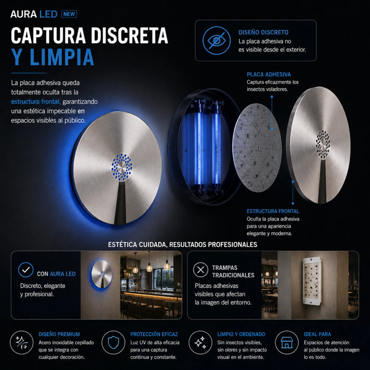 Aura LED Capturador Profesional para Moscas e Insectos Voladores Cobertura 60 m²