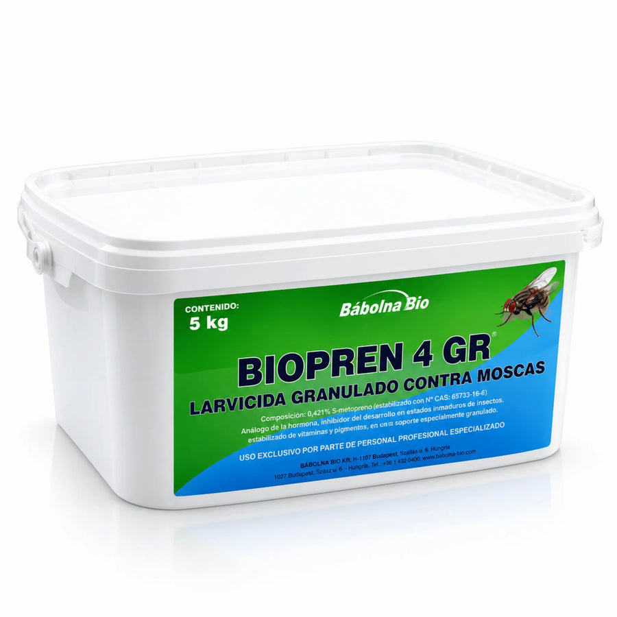 Biopren 4 GR de Bábolna Bio, larvicida granulado contra larvas de mosca en estiércol y materia orgánica. Ideal para granjas, establos y explotaciones ganaderas. Su fórmula con S-metopreno impide el desarrollo de moscas adultas y ofrece un efecto prolongado.