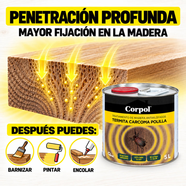 Corpol Antixilófagos 5 L | Tratamiento Profesional y Doméstico para Carcoma y Termitas | Permetrina 0,35%