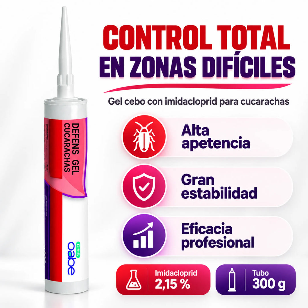 Defens Gel Cucarachas es un cebo insecticida con imidacloprid, de gran poder atrayente y eficacia duradera para el control de cucarachas, incluso en entornos difíciles.
