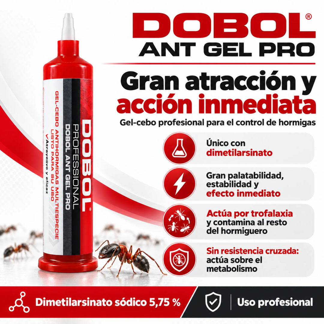 Dobol Ant Gel Pro es un cebo insecticida para hormigas de alta eficacia y gran poder atrayente, que mantiene su frescura hasta 4 semanas para un control prolongado.
