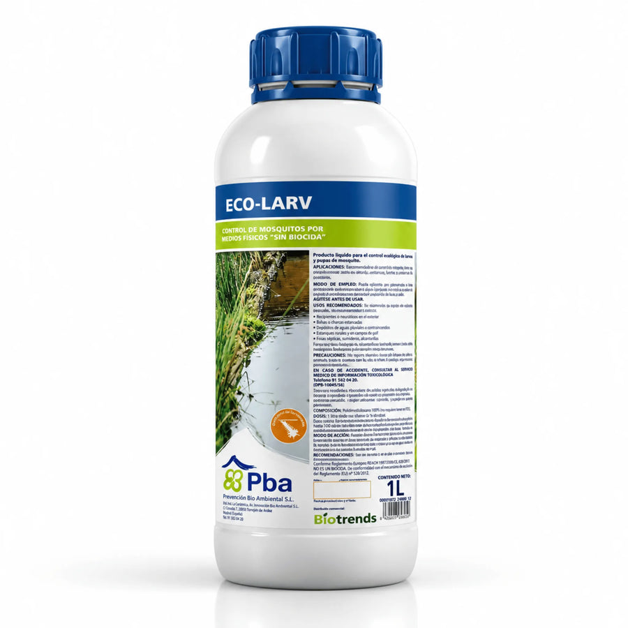 Eco-Larv 1 litro, producto líquido sin biocidas para el control de larvas y pupas de mosquitos en aguas estancadas. Su fórmula a base de silicona crea una película superficial que impide su respiración mediante acción mecánica.