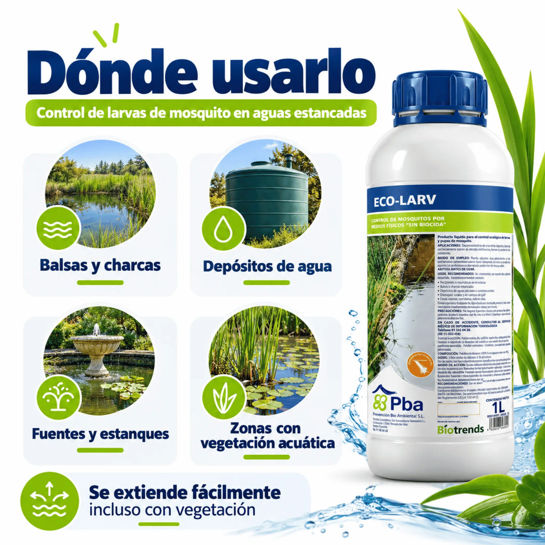 Eco-Larv 1 litro, producto líquido sin biocidas para el control de larvas y pupas de mosquitos en aguas estancadas. Su fórmula a base de silicona crea una película superficial que impide su respiración mediante acción mecánica.