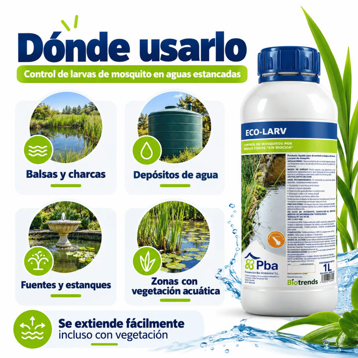 Eco-Larv 1 litro, producto líquido sin biocidas para el control de larvas y pupas de mosquitos en aguas estancadas. Su fórmula a base de silicona crea una película superficial que impide su respiración mediante acción mecánica.