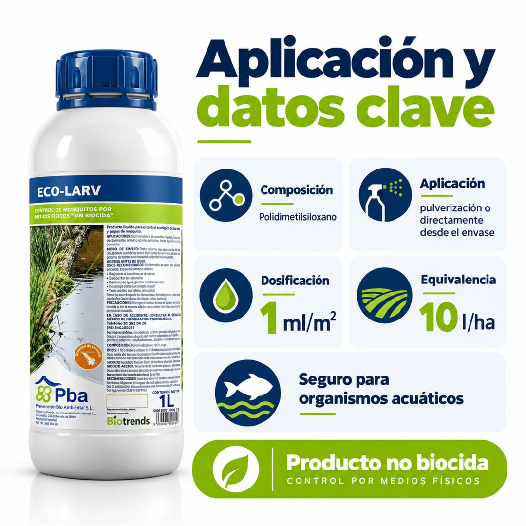 Eco-Larv 1 litro, producto líquido sin biocidas para el control de larvas y pupas de mosquitos en aguas estancadas. Su fórmula a base de silicona crea una película superficial que impide su respiración mediante acción mecánica.
