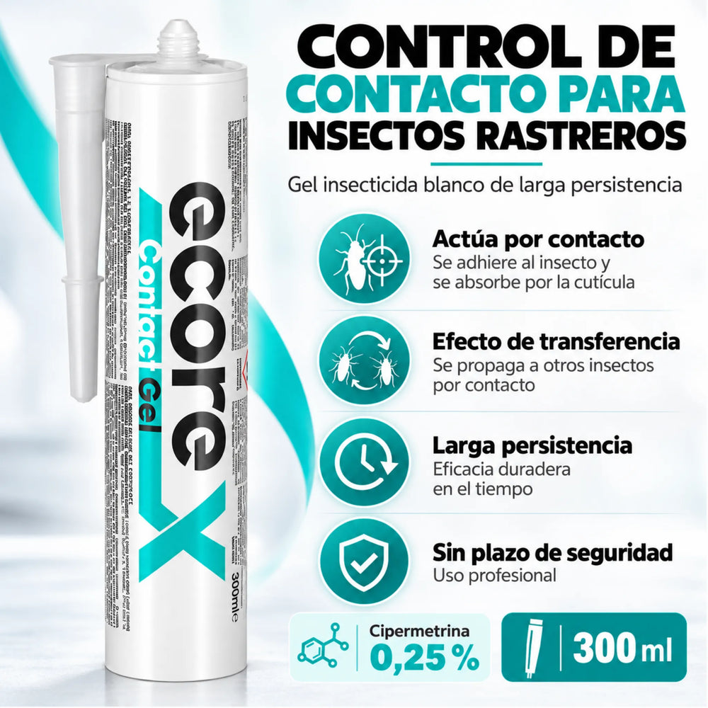 Ecorex Contact Gel 300 ml es un insecticida de contacto con cipermetrina al 0,25 %, eficaz contra cucarachas, hormigas, chinches y otros insectos rastreros.