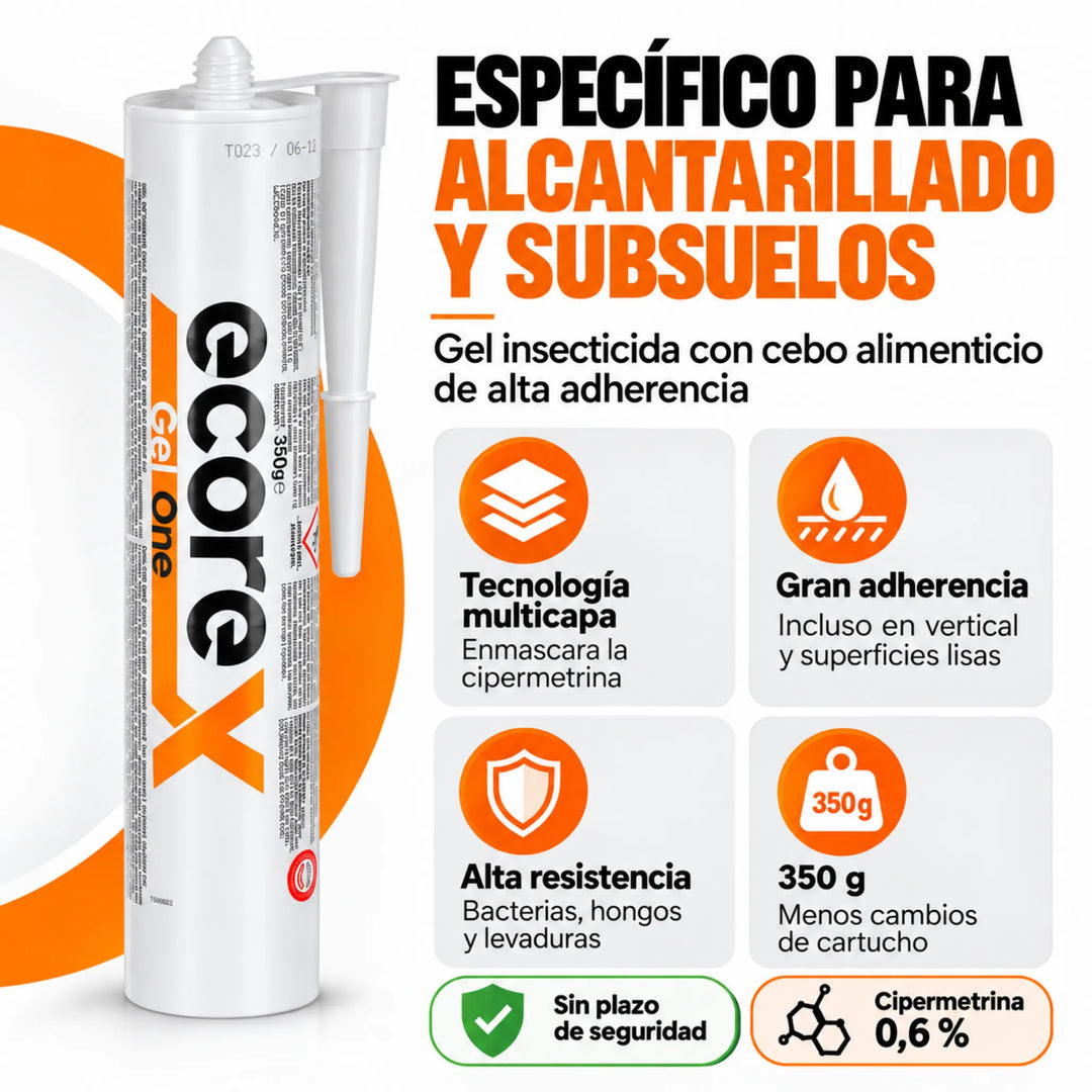 Ecorex Gel One 350 g es un gel insecticida con cipermetrina, especialmente formulado para atraer y controlar cucarachas Periplaneta americana y Blatta orientalis en alcantarillados y subsuelos.