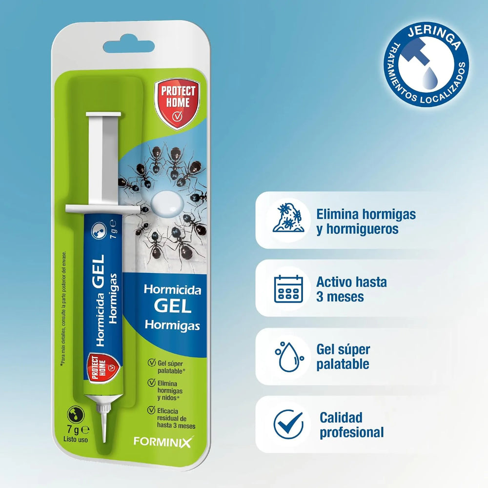 Este cebo insecticida en gel para hormigas se presenta en una práctica jeringa de 7 g que permite realizar aplicaciones precisas en los puntos donde se detecte actividad.