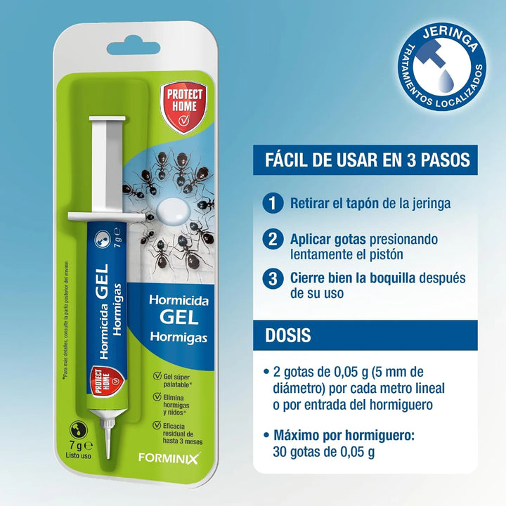 Este cebo insecticida en gel para hormigas se presenta en una práctica jeringa de 7 g que permite realizar aplicaciones precisas en los puntos donde se detecte actividad.