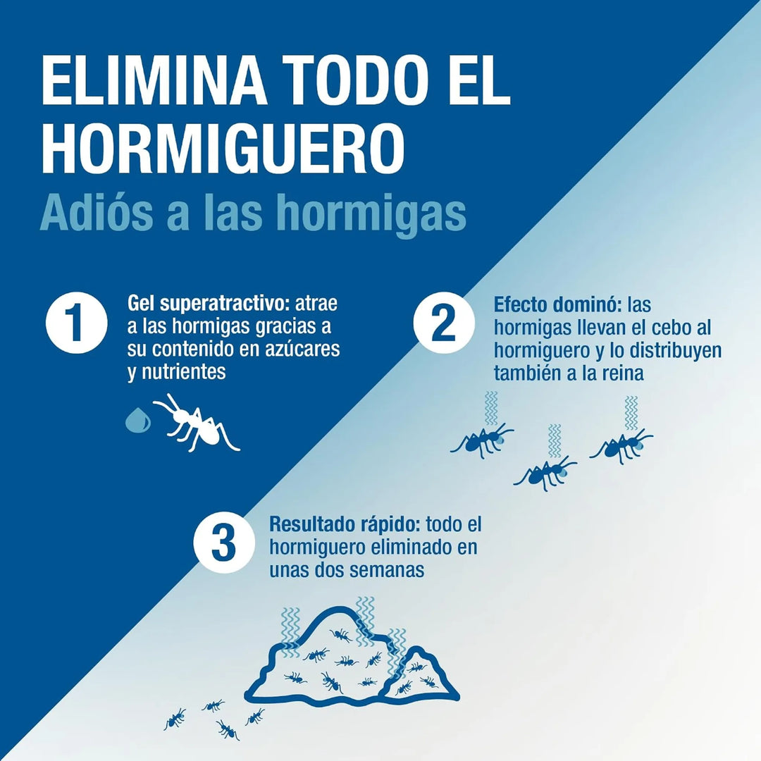 Este cebo insecticida en gel para hormigas se presenta en una práctica jeringa de 7 g que permite realizar aplicaciones precisas en los puntos donde se detecte actividad.