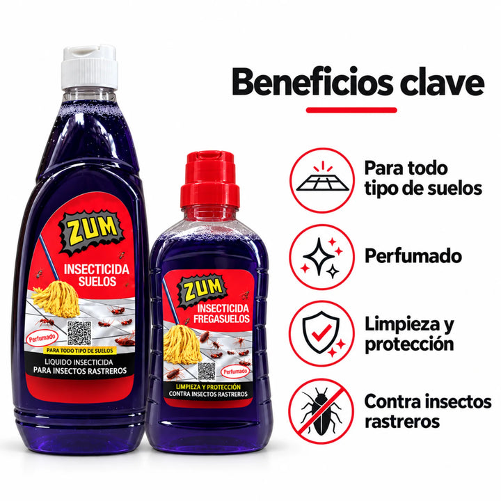 El insecticida fregasuelos ZUM aporta limpieza y protección contra todo tipo de insectos rastreros (cucarachas, hormigas, arañas, etc.) que puedan estar anidando en tu hogar. Está perfumado con un agradable aroma a limpio y es adecuado para todo tipo de suelos.