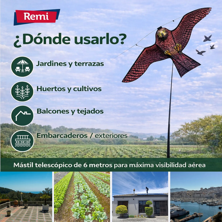 Remi - Halcón Espantapájaros con Mástil 6 metros Ahuyentador Natural de Aves