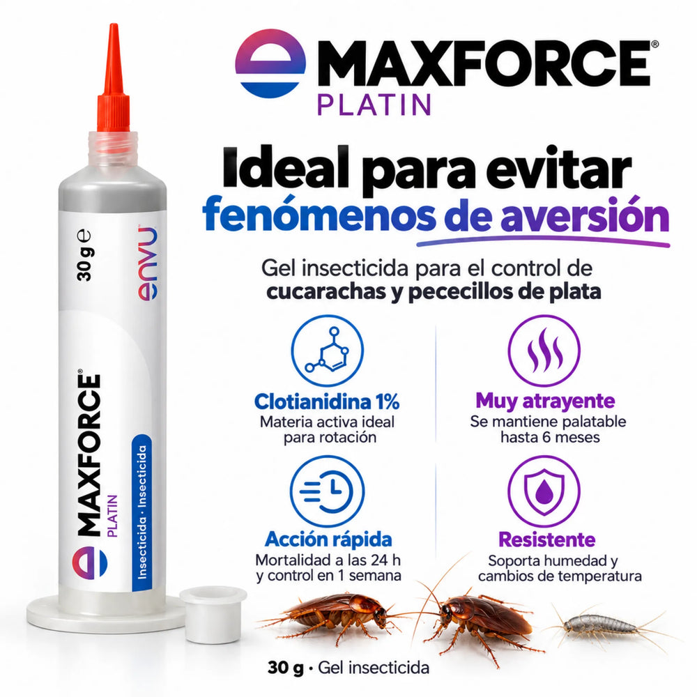Maxforce Platin es un gel insecticida para cucarachas y lepismas con clotianidina y perlas azules que atraen a las ninfas, favoreciendo el control de todo el ciclo de vida de las cucarachas.