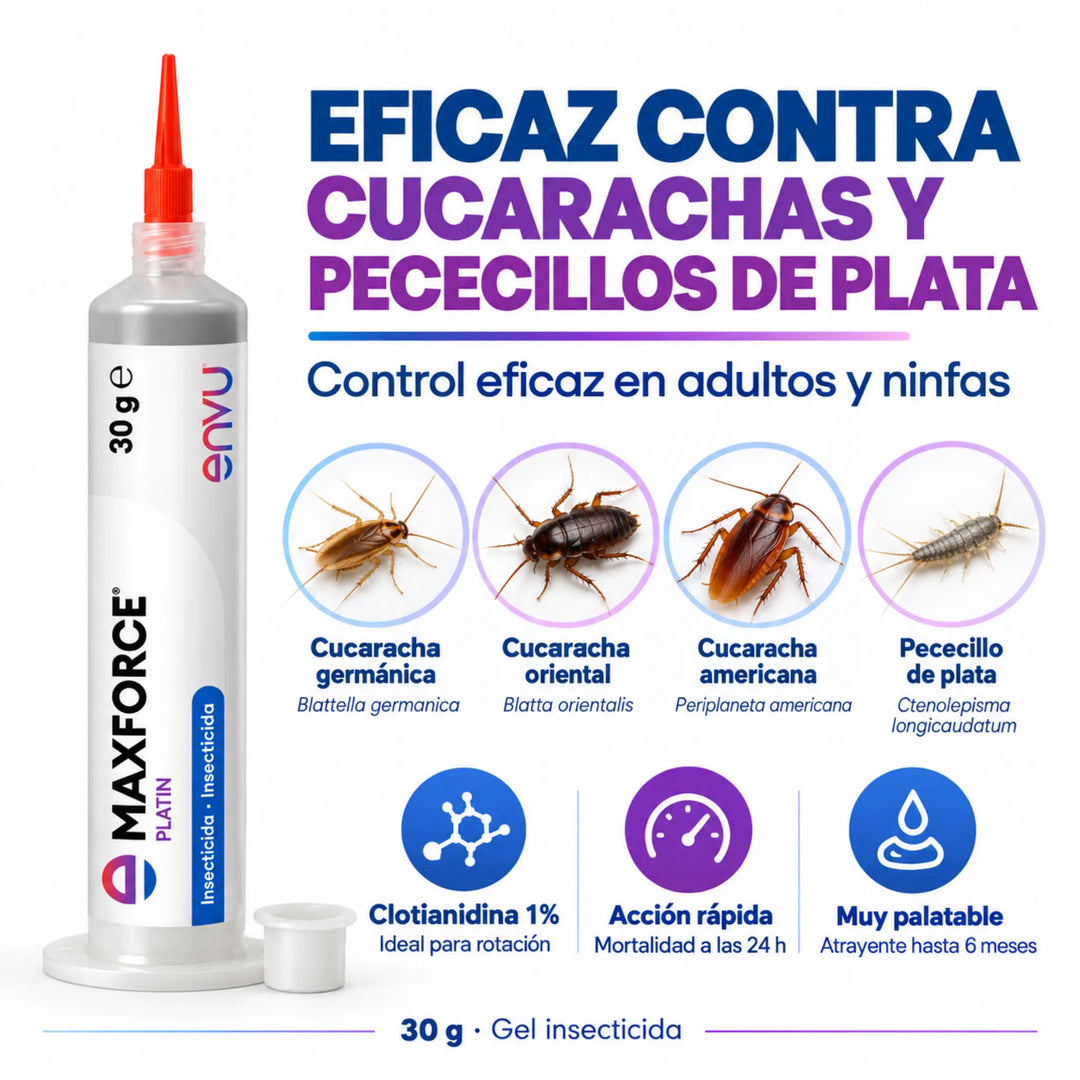 Maxforce Platin es un gel insecticida para cucarachas y lepismas con clotianidina y perlas azules que atraen a las ninfas, favoreciendo el control de todo el ciclo de vida de las cucarachas.