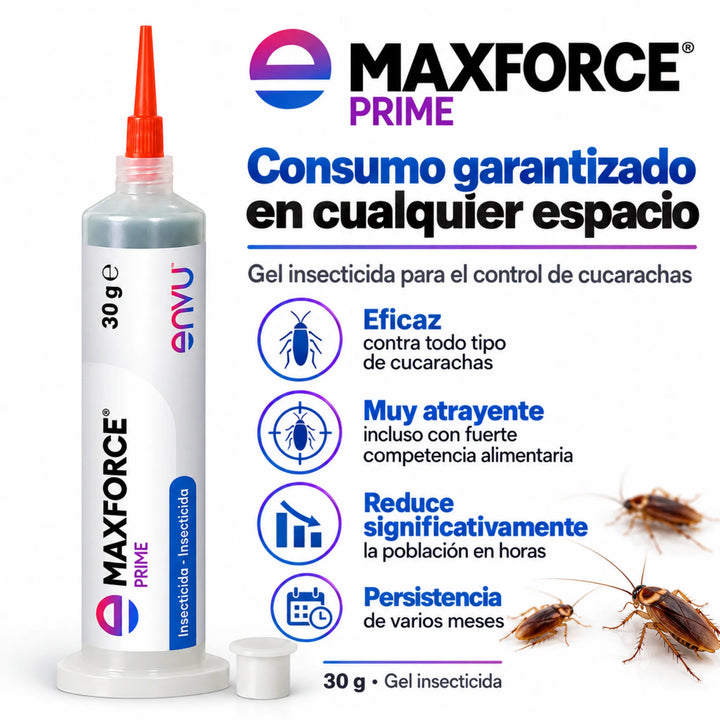 Maxforce Prime es un gel insecticida diseñado para eliminar cucarachas, formulado con imidacloprid y atractivos ingredientes alimentarios que favorecen su consumo y eficacia.