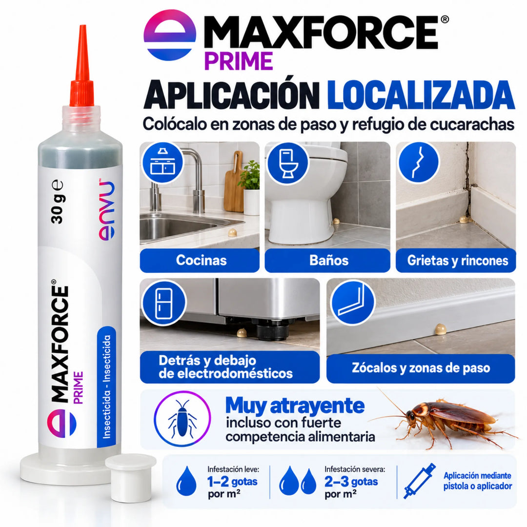Maxforce Prime es un gel insecticida diseñado para eliminar cucarachas, formulado con imidacloprid y atractivos ingredientes alimentarios que favorecen su consumo y eficacia.