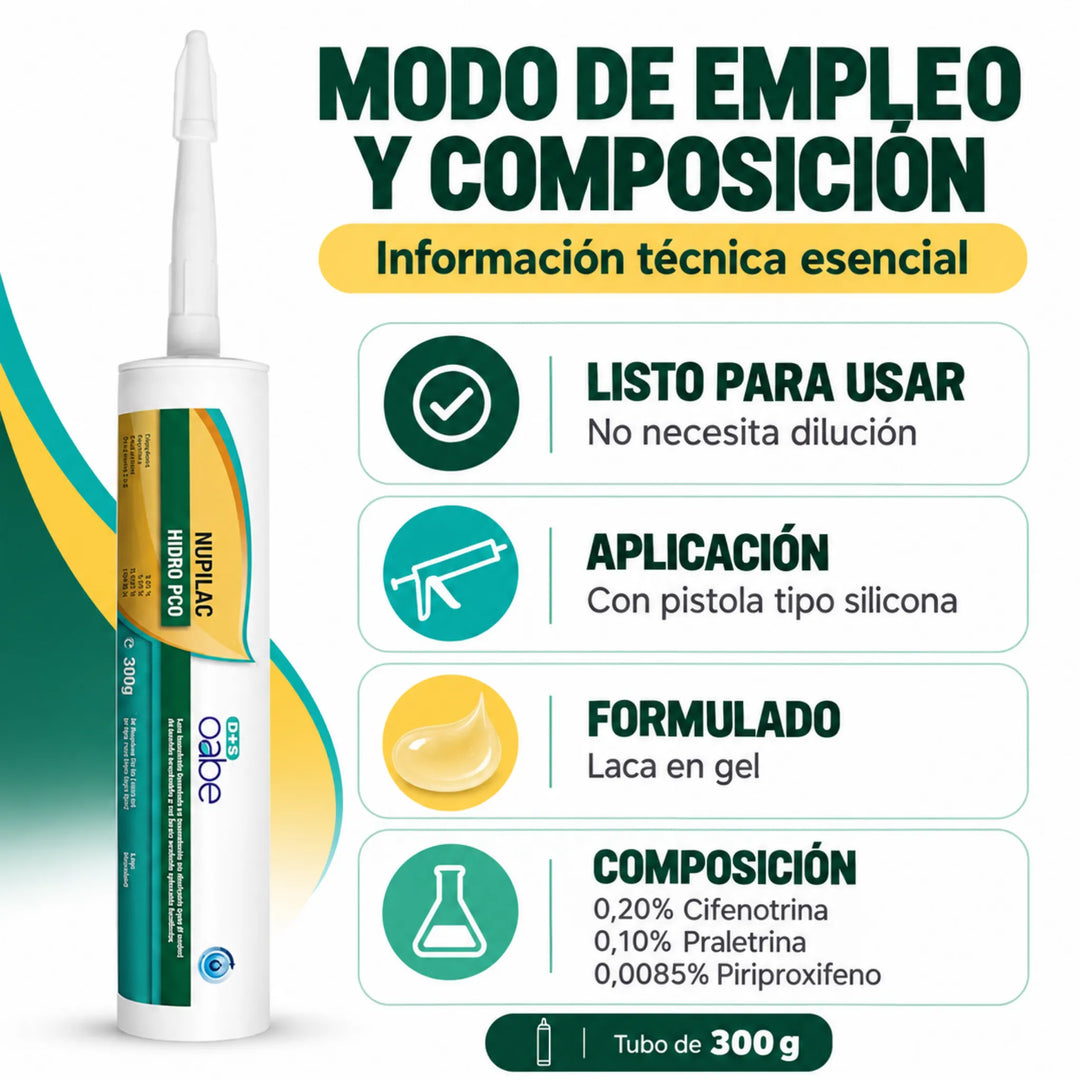 Nupilac Hidro PCO 300 g es una laca insecticida en gel de base acuosa para el control localizado de cucarachas, hormigas y otros insectos rastreros en interiores.