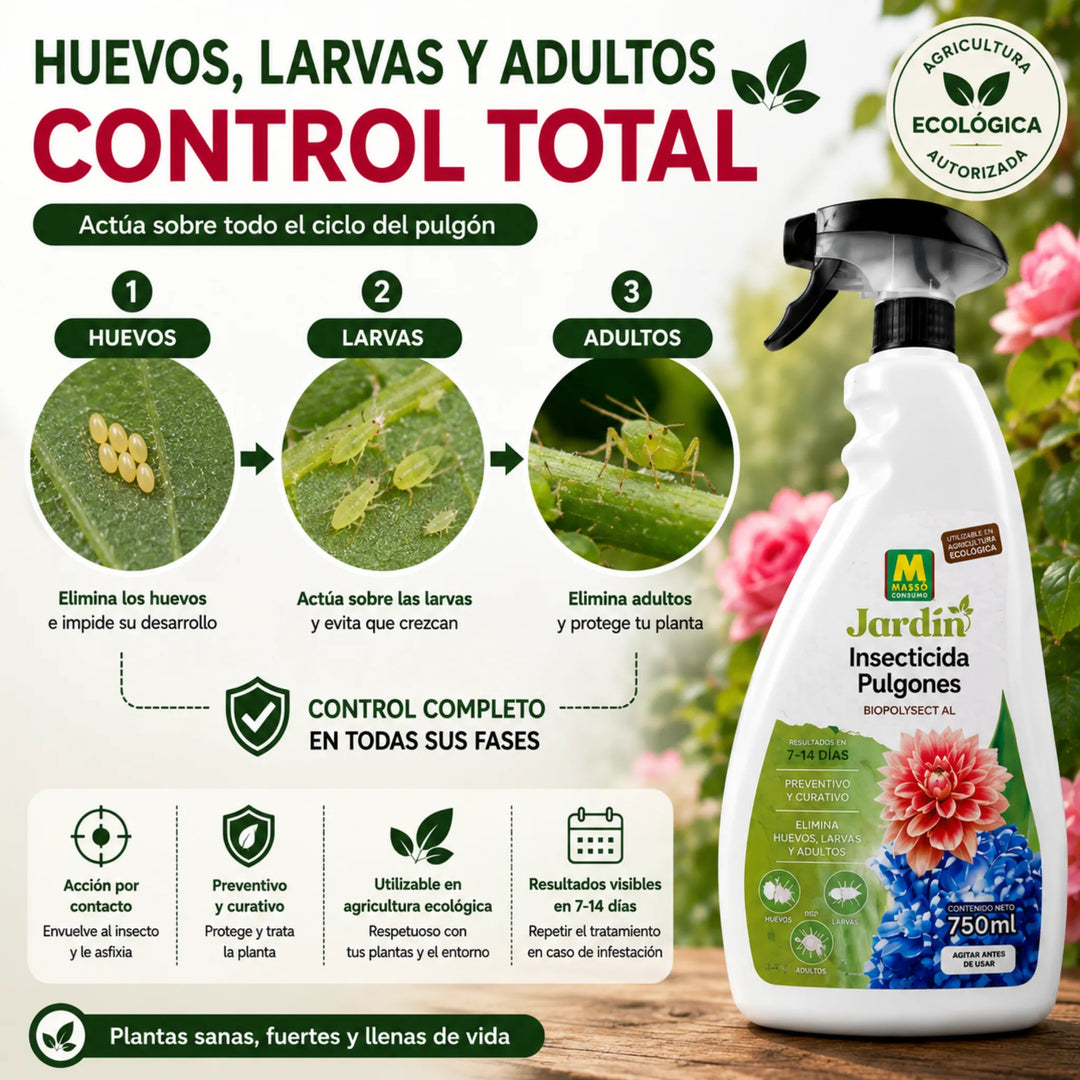 Tratamiento específico para eliminar colonias de pulgones con acción física sobre huevos, larvas y adultos Massó