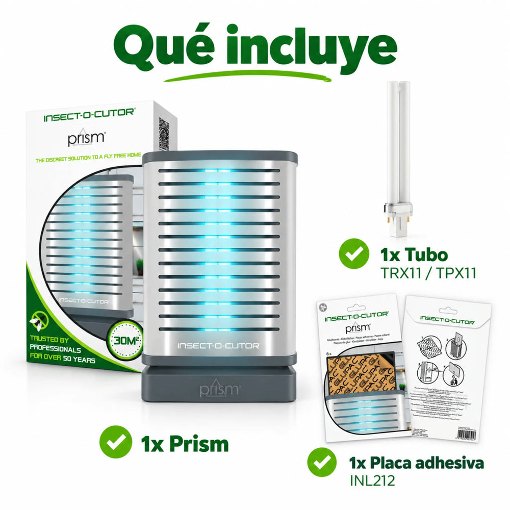 Insectocaptor Prism, trampa de luz ultravioleta para moscas y otros insectos voladores, con diseño elegante, compacto y discreto. Ideal para cocinas, salones y zonas de terraza. Su sistema de luz UV con salida frontal, superior y lateral atrae eficazmente a los insectos, que quedan atrapados en su placa adhesiva. Fabricado en policarbonato resistente a la luz UV, con frontal de aluminio, instalación en pared o sobremesa y mantenimiento sencillo sin herramientas. Incluye tubo ultravioleta y placa adhesiva.