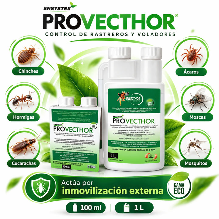 Provecthor anti insectos sin biocidas, de acción mecánica contra chinches, cucarachas, hormigas, ácaros, moscas y mosquitos. Su tecnología 3D inmoviliza los insectos mediante una película de polímero, incluso los resistentes a insecticidas tradicionales.