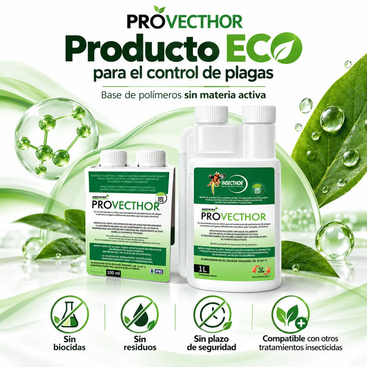 Provecthor anti insectos sin biocidas, de acción mecánica contra chinches, cucarachas, hormigas, ácaros, moscas y mosquitos. Su tecnología 3D inmoviliza los insectos mediante una película de polímero, incluso los resistentes a insecticidas tradicionales.