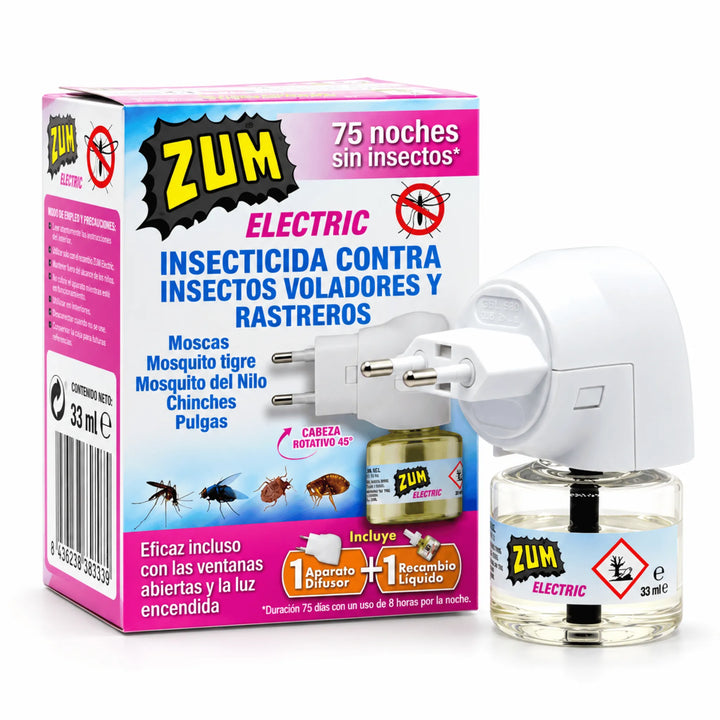 Zum Electric insecticida eléctrico contra insectos voladores y rastreros, eficaz frente a moscas, mosquitos tigre, mosquitos del Nilo, mosquitos comunes, chinches y pulgas. Protección de hasta 75 noches con 8 horas de uso diario, incluso con ventanas y luces abiertas. Fórmula con praletrina al 1,034%. Disponible en formato aparato con recambio líquido de 33 ml o recambio individual de 33 ml.