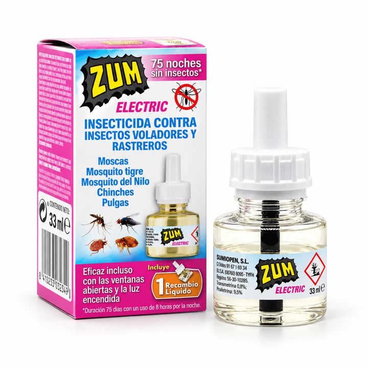 Zum Electric insecticida eléctrico contra insectos voladores y rastreros, eficaz frente a moscas, mosquitos tigre, mosquitos del Nilo, mosquitos comunes, chinches y pulgas. Protección de hasta 75 noches con 8 horas de uso diario, incluso con ventanas y luces abiertas. Fórmula con praletrina al 1,034%. Disponible en formato aparato con recambio líquido de 33 ml o recambio individual de 33 ml.