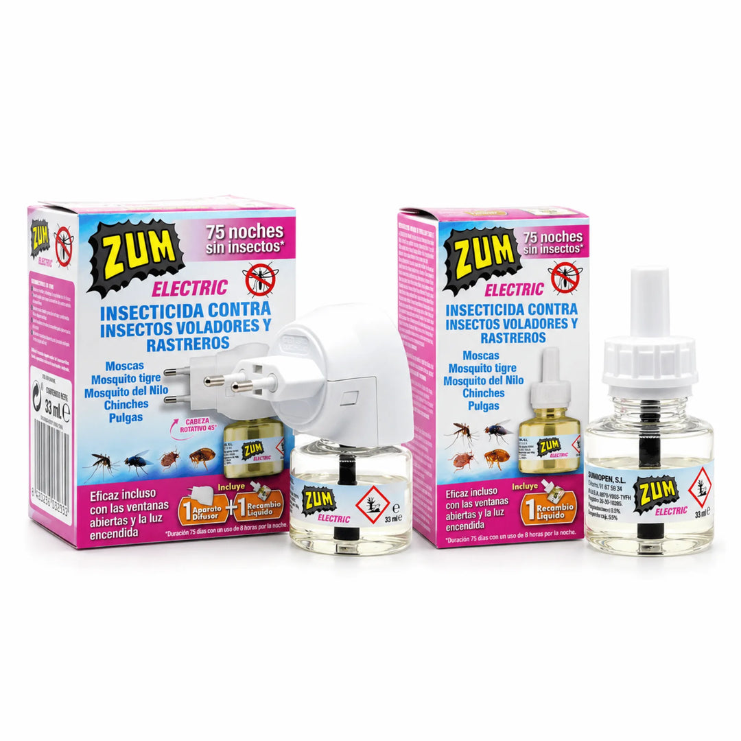 Zum Electric insecticida eléctrico contra insectos voladores y rastreros, eficaz frente a moscas, mosquitos tigre, mosquitos del Nilo, mosquitos comunes, chinches y pulgas. Protección de hasta 75 noches con 8 horas de uso diario, incluso con ventanas y luces abiertas. Fórmula con praletrina al 1,034%. Disponible en formato aparato con recambio líquido de 33 ml o recambio individual de 33 ml.