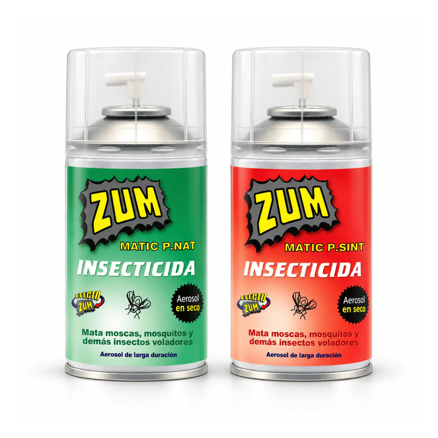 Spray Zum Matic Piretrina Natural o Sintética de 250 ml (335 cc), insecticida en aerosol seco para eliminar moscas, mosquitos y otros insectos voladores de forma rápida y eficaz. Ideal para uso manual o automático con el dispensador electrónico Zum Tronic L-01. Su fórmula insecticida contiene tetrametrina, extracto de pelitre y butóxido de piperonilo (PBO). Perfecto para el control de insectos voladores en espacios interiores.