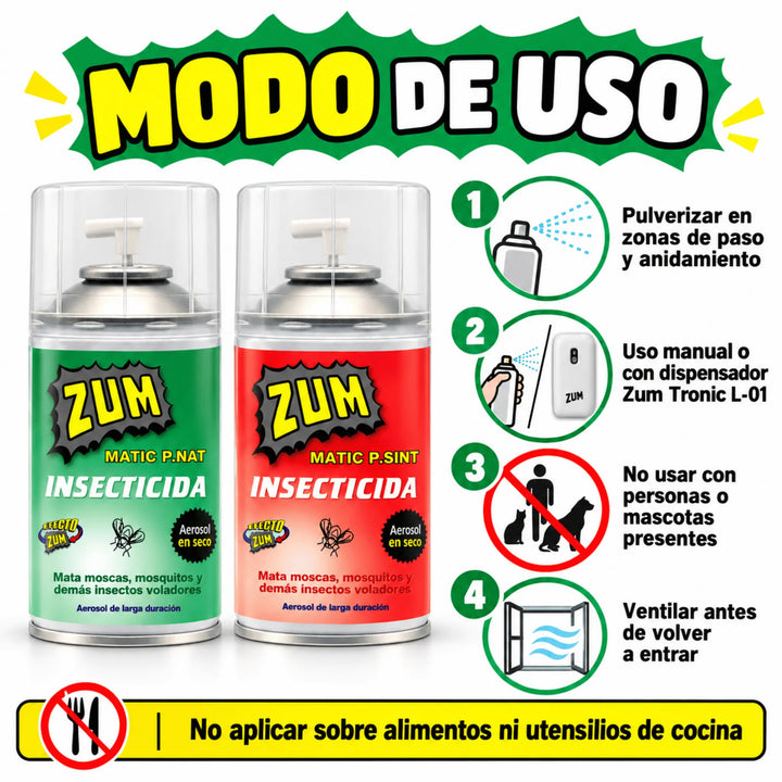 Spray Zum Matic Piretrina Natural o Sintética de 250 ml (335 cc), insecticida en aerosol seco para eliminar moscas, mosquitos y otros insectos voladores de forma rápida y eficaz. Ideal para uso manual o automático con el dispensador electrónico Zum Tronic L-01. Su fórmula insecticida contiene tetrametrina, extracto de pelitre y butóxido de piperonilo (PBO). Perfecto para el control de insectos voladores en espacios interiores.