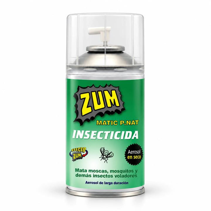 Spray Zum Matic Piretrina Natural o Sintética de 250 ml (335 cc), insecticida en aerosol seco para eliminar moscas, mosquitos y otros insectos voladores de forma rápida y eficaz. Ideal para uso manual o automático con el dispensador electrónico Zum Tronic L-01. Su fórmula insecticida contiene tetrametrina, extracto de pelitre y butóxido de piperonilo (PBO). Perfecto para el control de insectos voladores en espacios interiores.
