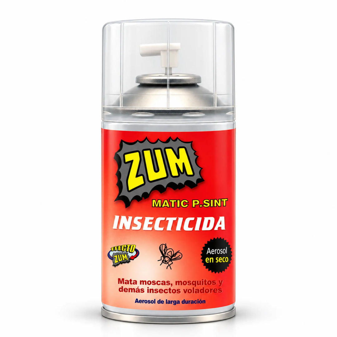 Spray Zum Matic Piretrina Natural o Sintética de 250 ml (335 cc), insecticida en aerosol seco para eliminar moscas, mosquitos y otros insectos voladores de forma rápida y eficaz. Ideal para uso manual o automático con el dispensador electrónico Zum Tronic L-01. Su fórmula insecticida contiene tetrametrina, extracto de pelitre y butóxido de piperonilo (PBO). Perfecto para el control de insectos voladores en espacios interiores.