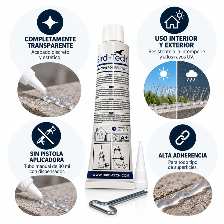 El Adhesivo Especial Gran Calidad es un sellador transparente destinado a la fijación de componentes utilizados en sistemas de protección y exclusión de aves, como pinchos disuasorios y clips de sujeción para redes.