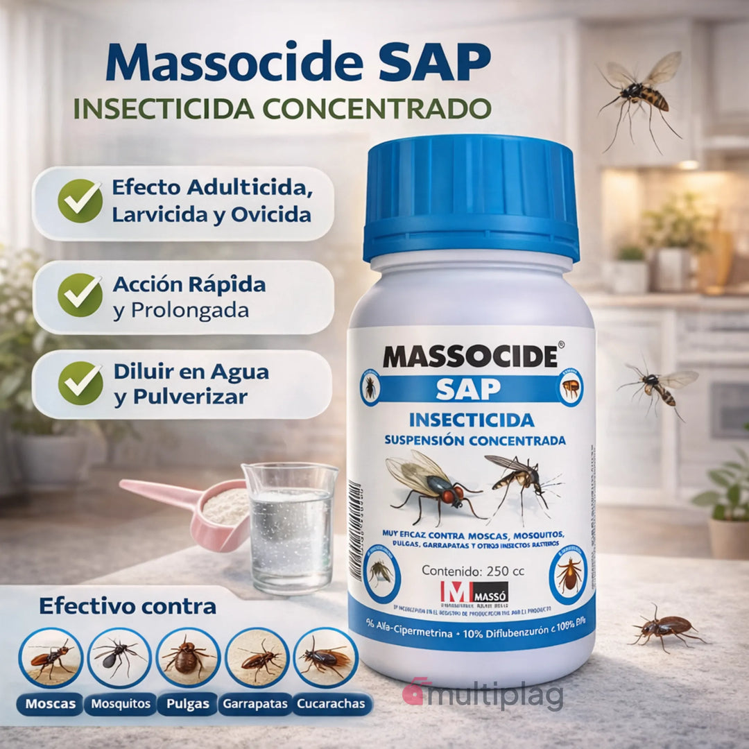 Insecticida residual Massocide SAP para moscas, mosquitos y rastreros con acción adulticida, larvicida y ovicida