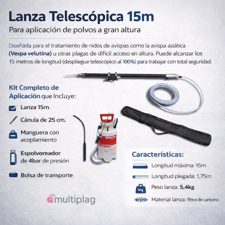 Lanza telescópica Mabi 15 m para tratamiento de avispa asiática con polvo en altura
